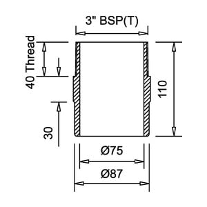 Frost spigot adaptor BSP3 to 75mm ID, 89mm OD BS416/2, extends 110mm