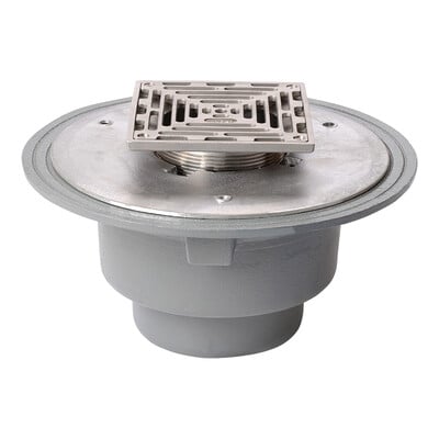Frost Floor drain 150mm square stainless steel grating with large sump body and spigot outlet size 100mm