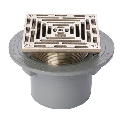 Frost Floor drain 200mm square nickel bronze grating with small sump body and threaded outlet size 4" BSP