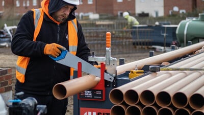Construction worker cutting drainage pipe on a SiteStak workstation