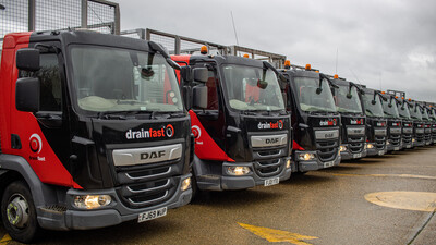 Drainfast fleet of DAF truck with red and black cab wrap