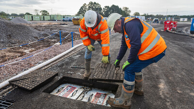 M&J Evans Construction workers lifting manhole cover into place on a road 