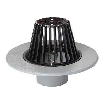 Frost Cold Roof drain assembly - fixed dome 220mm circular, medium sump body with clamp, vertical spigot outlet 110mm