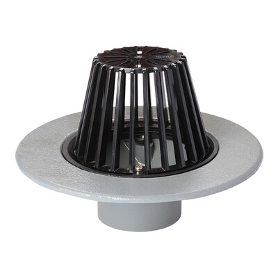 Frost Cold Roof drain assembly - fixed dome 220mm circular, medium sump body with clamp, vertical threaded outlet 4" BSP