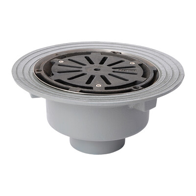 Frost Cold Roof drain assembly - cast iron grating, fixed 240mm circular, large sump body with clamp, vertical spigot outlet 110mm