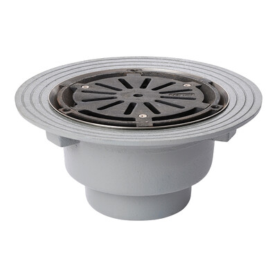 Frost Cold Roof drain assembly - cast iron grating, fixed 240mm circular, medium sump body with clamp, vertical threaded outlet 6" BSP