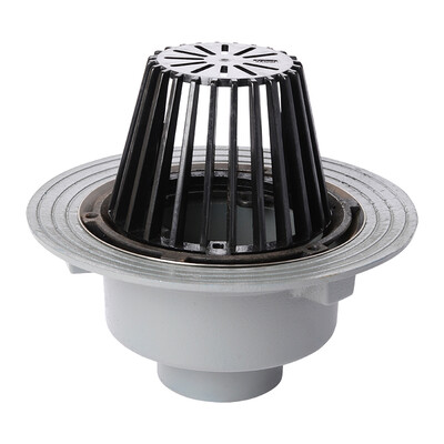 Frost Cold Roof drain assembly - fixed dome 220mm circular, large sump body with clamp, vertical spigot outlet 110mm