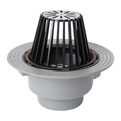 Frost Cold Roof drain assembly - fixed dome 220mm circular, large sump body with clamp, vertical threaded outlet 4" BSP