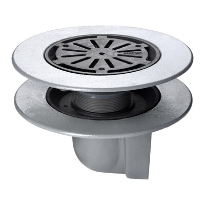 Frost Warm Roof drain assembly - cast iron grating, fixed 240mm circular, medium sump body with clamp, horizontal threaded outlet 4" BSP