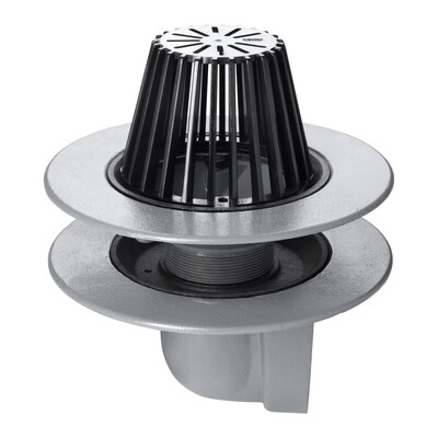 Frost Warm Roof drain assembly - fixed dome 220mm circular, large sump body with clamp, horizontal threaded outlet 4" BSP