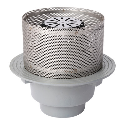 Frost Inverted Roof drain assembly - fixed dome 220mm and 150mm gravel guard, large sump body with clamp, vertical threaded outlet 4" BSP