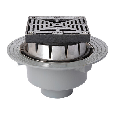 Frost Inverted Roof drain assembly - cast iron grating adjustable 200mm square, large sump body with clamp, vertical spigot outlet 110mm