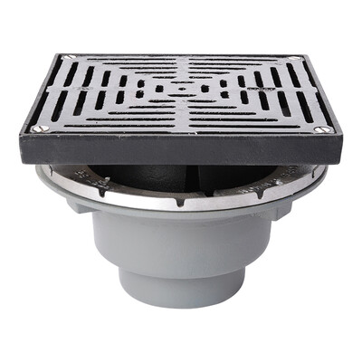 Frost Inverted Roof drain assembly - cast iron grating adjustable 320mm square, large sump body with clamp, vertical threaded outlet 4" BSP