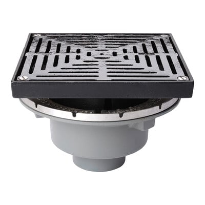 Frost Inverted Roof drain assembly - cast iron grating 320mm square, large sump body with clamp, vertical spigot outlet 160mm