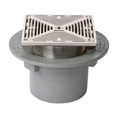 Frost Floor drain 150mm square stainless steel grating 3mm slots with small sump body and spigot outlet size 100mm