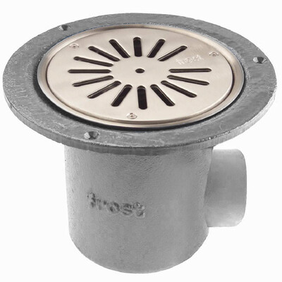 Frost Shower drain assembly trapped with clamp for vinyl floors, fixed grating 130mm round small sump body cast iron horizontal 50mm outlet
