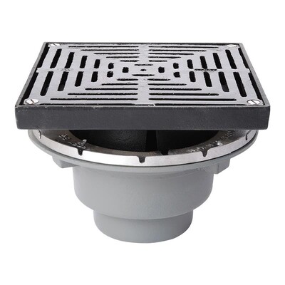 Frost Inverted Roof drain assembly - cast iron grating non-adjustable 320mm square, large sump body with clamp, vertical threade outlet 6" BSP