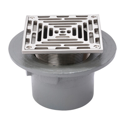 Frost Floor drain 200mm square stainless steel grating with small sump body and spigot outlet size 100mm