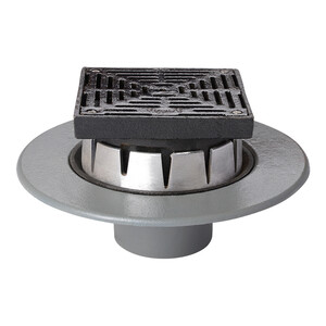 Frost Floor drain assembly medium duty with clamp adjustable 200mm grating square, small sump body cast iron vertical outlet 100mm DIA