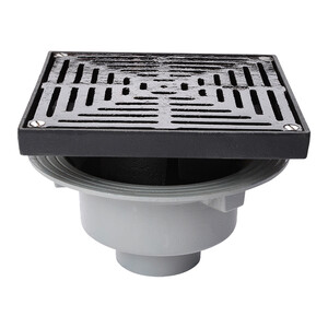 Frost Floor drain assembly heavy duty, adjustable 320mm grating square, large sump body cast iron vertical outlet 100mm DIA