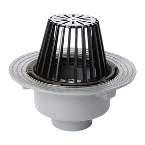 Frost Cold Roof drain assembly - fixed dome 220mm circular, large sump body with clamp, vertical spigot outlet 160mm