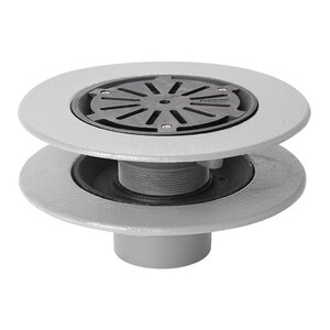 Frost Warm Roof drain assembly - cast iron grating, fixed 240mm circular, medium sump body with clamp, vertical spigot outlet 110mm