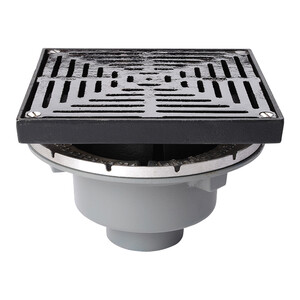 Frost Inverted Roof drain assembly - cast iron grating adjustable 320mm square, large sump body with clamp, vertical spigot outlet 110mm