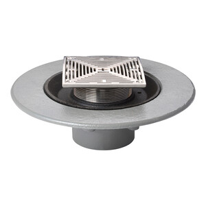 Frost Floor drain 150mm square stainless steel grating 3mm slots with medium sump body and spigot outlet size 100mm
