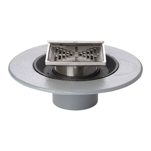 Frost Floor drain 150mm square nickel bronze grating with hinged cover plate and medium sump body with spigot outlet size 100mm
