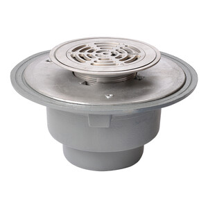 Frost Floor drain 178mm circular nickel bronze grating for vinyl floors with large sump body and spigot outlet size 100mm