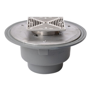 Frost Floor drain 150mm square stainless steel grating 3mm slots with large sump body and spigot outlet size 100mm