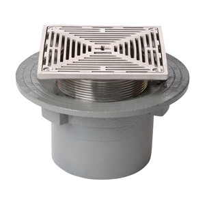 Frost Floor drain 150mm square stainless steel grating 3mm slots with small sump body and threaded outlet size 4" BSP