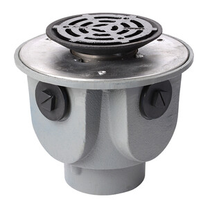 Frost Floor drain 200mm circular ductile iron grating with large deep sump body and threaded outlet size 4" BSP