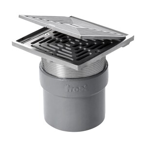 Frost floor drain 150mm square stainless steel grating with hinged cover plate with direct connection spigot outlet, 100mm