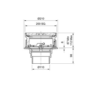 Frost Floor drain assembly medium duty with clamp adjustable 200mm grating square, small sump body cast iron vertical outlet 100mm DIA