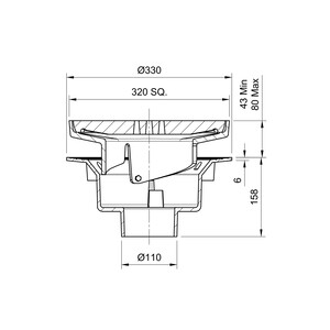 Frost Floor drain assembly heavy duty, adjustable 320mm grating square, large sump body cast iron vertical outlet 100mm DIA