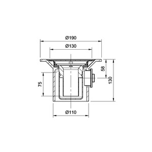 Frost Shower drain assembly trapped with clamp for vinyl floors, fixed grating 130mm round small sump body cast iron vertical 100mm spigot outlet