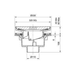 Frost Floor drain assembly heavy duty with clamp adjustable 320mm grating square, large sump body cast iron vertical outlet 100mm DIA