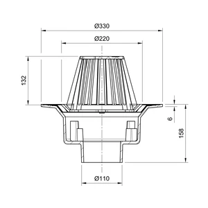 Frost Cold Roof drain assembly - fixed dome 220mm circular, large sump body with clamp, vertical spigot outlet 110mm