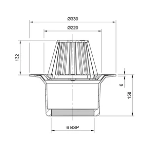 Frost Cold Roof drain assembly - fixed dome 220mm circular, large sump body with clamp, vertical threaded outlet 6" BSP
