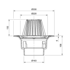 Frost Cold Roof drain assembly - fixed dome 220mm circular, large sump body with clamp, vertical spigot outlet 160mm