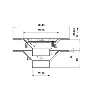 Frost Warm Roof drain assembly - cast iron grating, fixed 240mm circular, medium sump body with clamp, vertical spigot outlet 110mm
