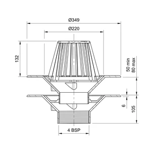 Frost Warm Roof drain assembly - fixed dome 220mm circular, large sump body with clamp, vertical spigot outlet 110mm