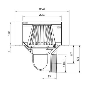 Frost Inverted Roof drain assembly - fixed dome 220mm and 150mm gravel guard, medium sump body with clamp, horizontal threaded outlet 4" BSP