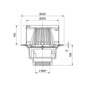 Frost Inverted Roof drain assembly - fixed dome 220mm and 150mm gravel guard, large sump body with clamp, vertical threaded outlet 4" BSP