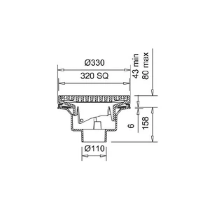 Frost Inverted Roof drain assembly - cast iron grating adjustable 320mm square, large sump body with clamp, vertical spigot outlet 110mm