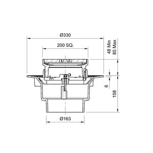 Frost Inverted Roof drain assembly - cast iron grating adjustable 320mm square, large sump body with clamp, vertical spigot outlet 110mm