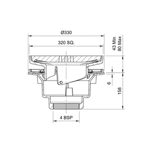 Frost Inverted Roof drain assembly - cast iron grating adjustable 320mm square, large sump body with clamp, vertical threaded outlet 4" BSP