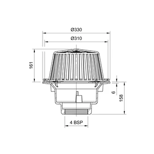 Frost Cold Roof drain assembly - cast aluminium dome 310mm, large sump body with clamp, vertical threaded outlet 4" BSP