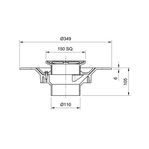 Frost Floor drain 150mm square stainless steel grating 3mm slots with medium sump body and spigot outlet size 100mm